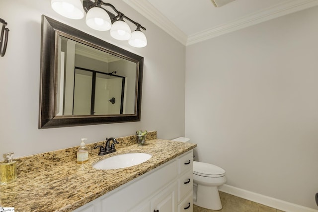 full bathroom with a shower, crown molding, vanity, toilet, and tile patterned flooring