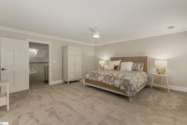 bedroom featuring ornamental molding, carpet flooring, baseboards, and ceiling fan