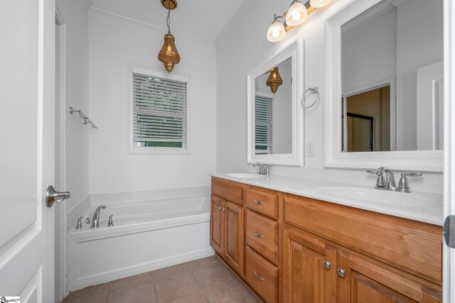 bathroom featuring tile patterned floors, a bath, double vanity, and crown molding