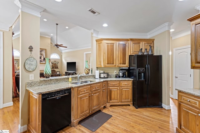 1008 Calumet Ct, Piedmont, SC 29673 - kitchen with black appliances, a sink, ceiling fan, light wood-type flooring, and ornamental molding
