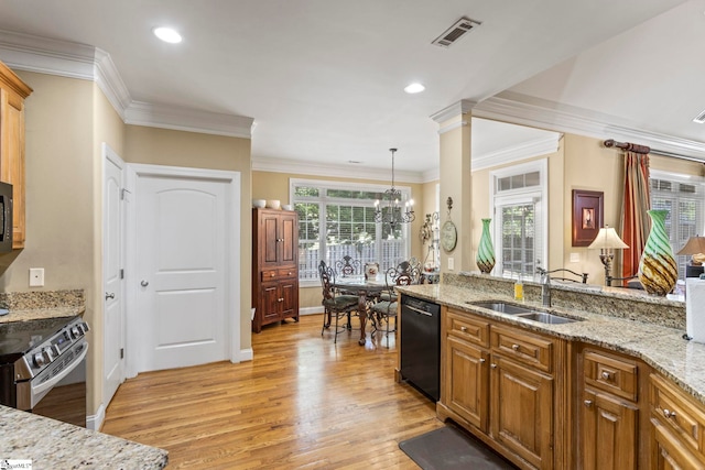 1008 Calumet Ct, Piedmont, SC 29673 - kitchen featuring black appliances, a sink, light wood-type flooring, a chandelier, and crown molding