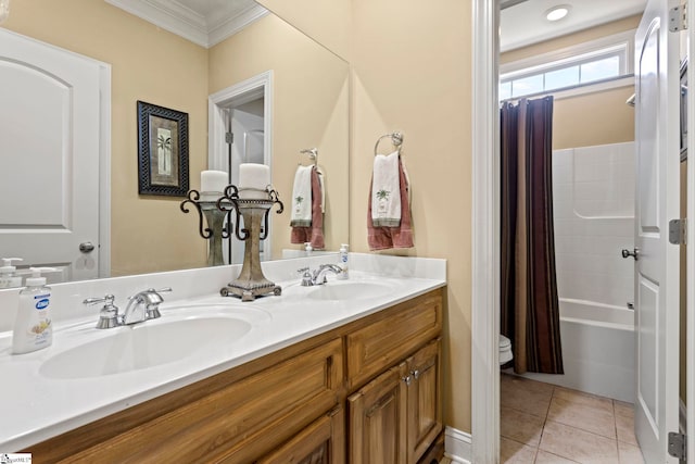 1008 Calumet Ct, Piedmont, SC 29673 - bathroom featuring crown molding, double vanity, tile patterned floors, and shower / bath combo