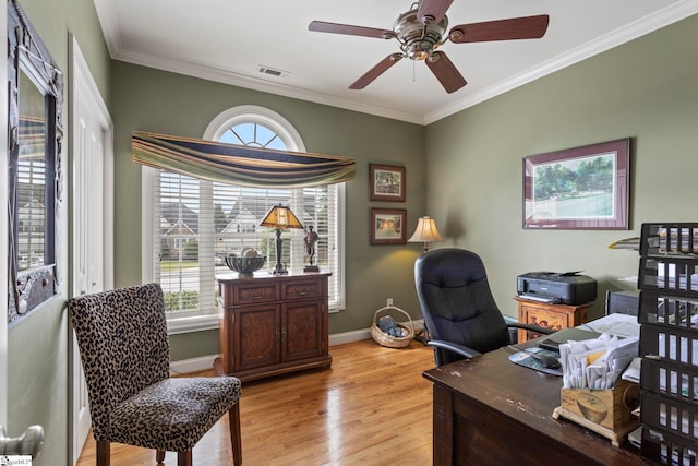 1008 Calumet Ct, Piedmont, SC 29673 - home office featuring a ceiling fan, crown molding, light wood-style flooring, and baseboards
