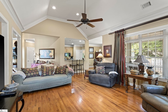 1008 Calumet Ct, Piedmont, SC 29673 - living area with ceiling fan, ornamental molding, light wood-type flooring, vaulted ceiling, and recessed lighting