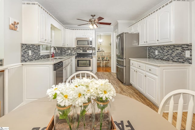 108 Ascot Ct, Easley, SC 29642 - kitchen with appliances with stainless steel finishes, a sink, a ceiling fan, light countertops, and tasteful backsplash