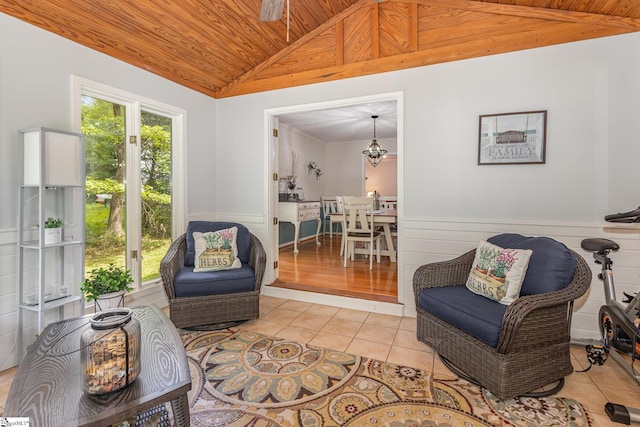 108 Ascot Ct, Easley, SC 29642 - living area with wood ceiling, lofted ceiling, light tile patterned floors, and wainscoting