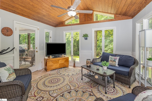 108 Ascot Ct, Easley, SC 29642 - living room with wood ceiling, lofted ceiling, a wainscoted wall, a ceiling fan, and light tile patterned flooring