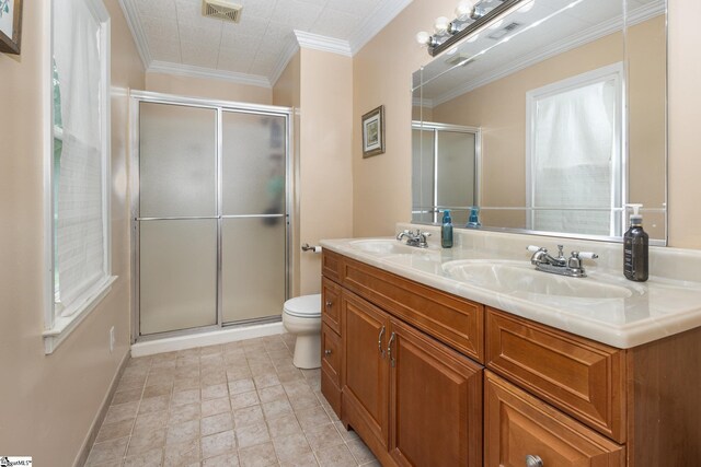 108 Ascot Ct, Easley, SC 29642 - bathroom with a shower stall, toilet, double vanity, baseboards, and crown molding