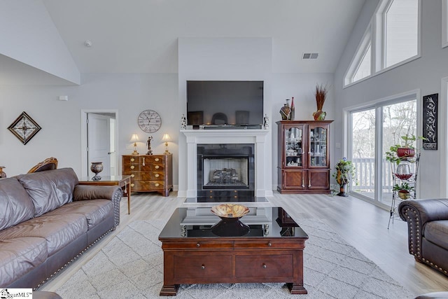 living room featuring wood finished floors, a fireplace, and high vaulted ceiling