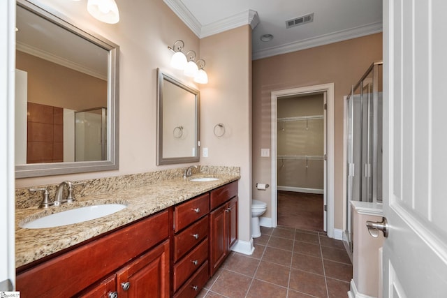 full bathroom featuring ornamental molding, tile patterned floors, double vanity, baseboards, and a shower stall