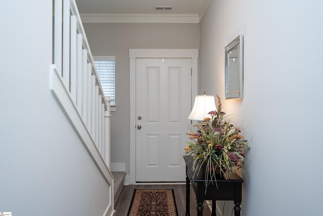 202 Button Willow St, Taylors, SC 29687 - doorway to outside featuring stairway, wood finished floors, and crown molding