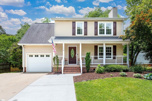 view of front of home featuring a garage, concrete driveway, covered porch, and a chimney