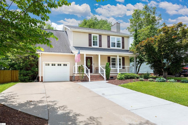 view of front of house featuring an attached garage, covered porch, concrete driveway, and a chimney