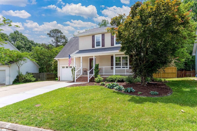 view of front of house with a porch, concrete driveway, an attached garage, and a shingled roof