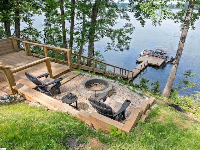 702 Lakewinds Blvd, Inman, SC 29349 - view of patio / terrace with a fire pit, a water view, and a boat dock