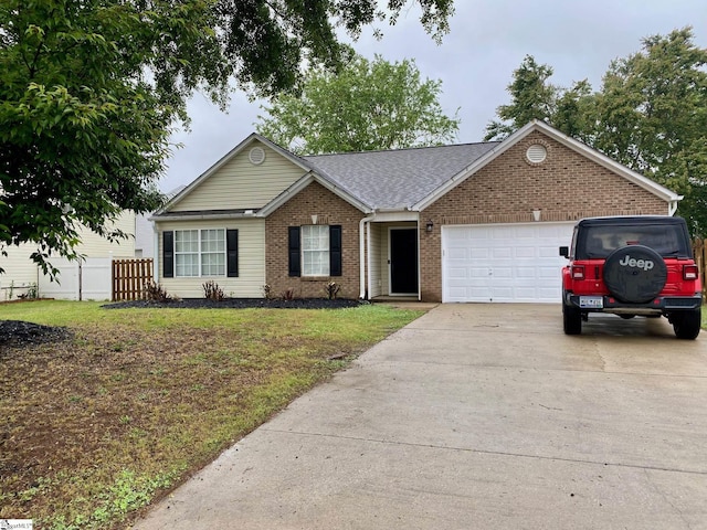 single story home with brick siding, an attached garage, driveway, a front yard, and a shingled roof