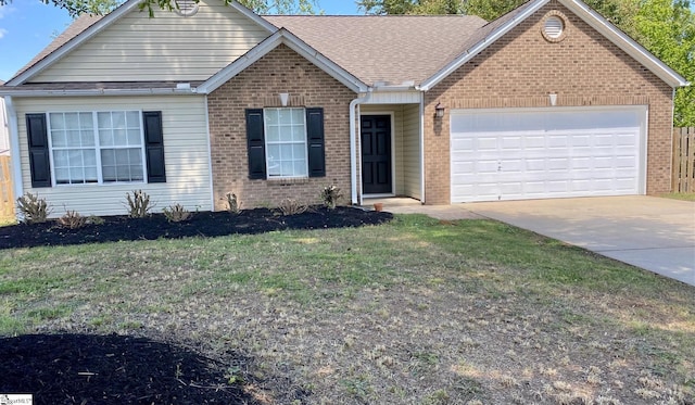 single story home with brick siding, driveway, an attached garage, and roof with shingles