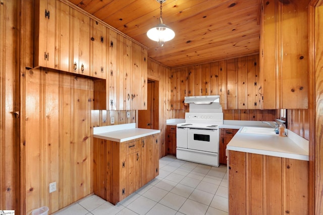 kitchen with electric range, a sink, under cabinet range hood, wooden ceiling, and brown cabinets
