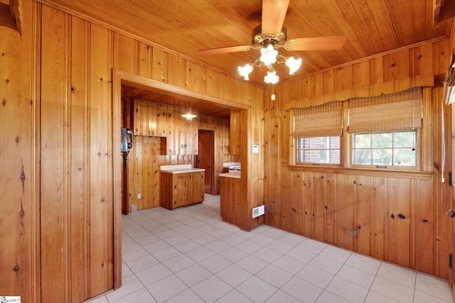 unfurnished room featuring ceiling fan, wooden walls, wood ceiling, and light tile patterned flooring