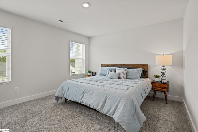 carpeted bedroom featuring multiple windows and baseboards