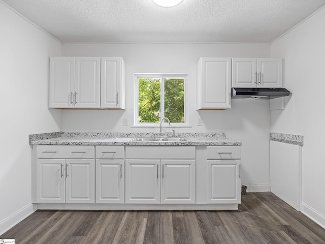7 Williams St, Spartanburg, SC 29301 - kitchen with a sink, under cabinet range hood, a textured ceiling, dark wood-type flooring, and white cabinets
