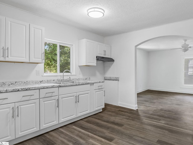 7 Williams St, Spartanburg, SC 29301 - kitchen featuring a sink, a textured ceiling, white cabinetry, arched walkways, and ceiling fan