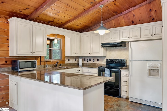 kitchen featuring white fridge with ice dispenser, electric range, stainless steel microwave, under cabinet range hood, and wooden ceiling