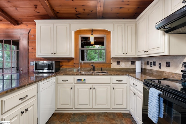 kitchen featuring black range with electric cooktop, wooden ceiling, under cabinet range hood, dishwasher, and a sink