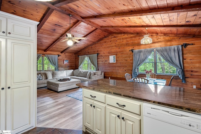 kitchen with white dishwasher, wood ceiling, wooden walls, decorative light fixtures, and light wood finished floors