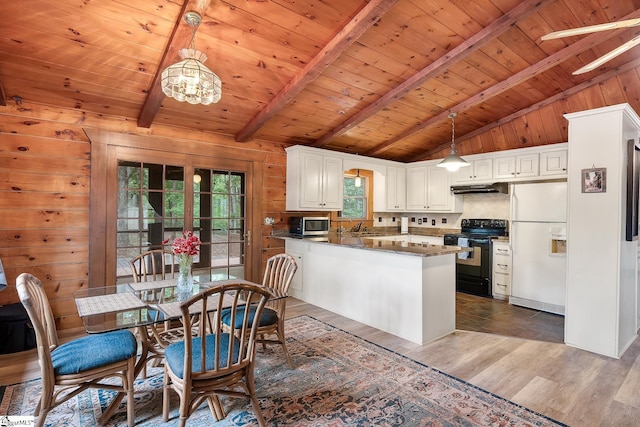 kitchen with electric range, under cabinet range hood, white refrigerator with ice dispenser, a sink, and wood ceiling