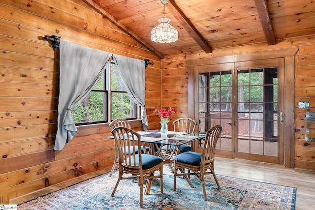 dining space with wood walls, wood ceiling, a chandelier, and wood finished floors