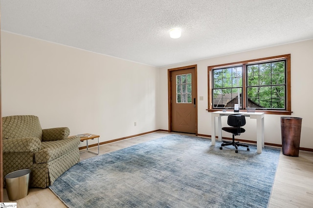 living area featuring wood finished floors, a textured ceiling, and baseboards