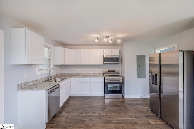 kitchen featuring stainless steel appliances, a sink, electric panel, dark wood finished floors, and white cabinetry
