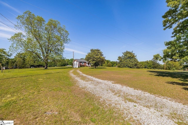 view of grassy yard with an outbuilding and driveway