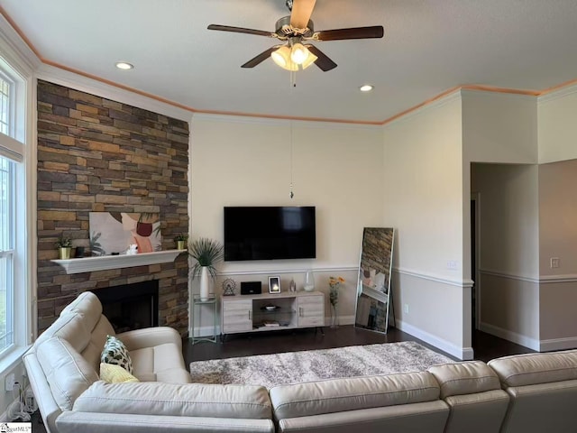920 Hunterdale Ln, Boiling Springs, SC 29316 - living area with crown molding, a ceiling fan, wood finished floors, a stone fireplace, and recessed lighting