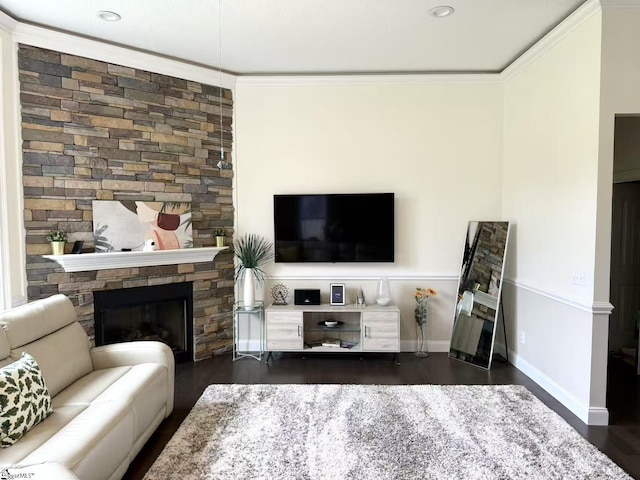 920 Hunterdale Ln, Boiling Springs, SC 29316 - living room with ornamental molding, a stone fireplace, wood finished floors, baseboards, and recessed lighting