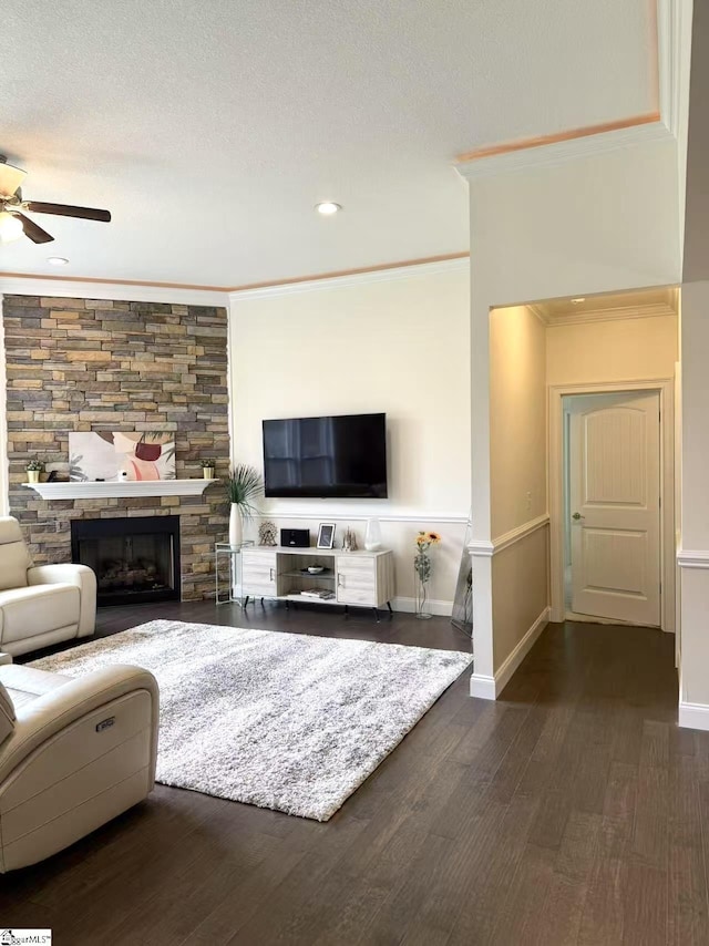 920 Hunterdale Ln, Boiling Springs, SC 29316 - living area featuring a ceiling fan, ornamental molding, wood finished floors, recessed lighting, and a stone fireplace