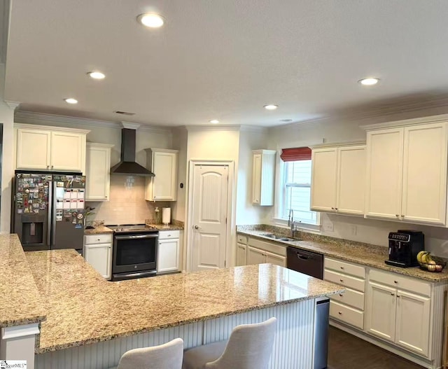 920 Hunterdale Ln, Boiling Springs, SC 29316 - kitchen featuring wall chimney exhaust hood, refrigerator with ice dispenser, electric range, black dishwasher, and a sink