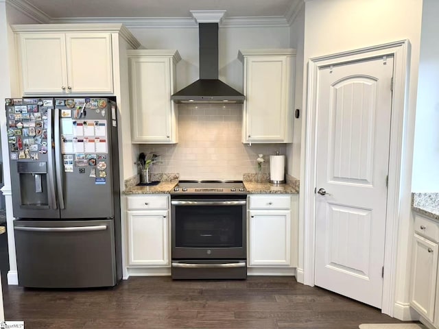 920 Hunterdale Ln, Boiling Springs, SC 29316 - kitchen with appliances with stainless steel finishes, wall chimney range hood, backsplash, dark wood finished floors, and light stone counters