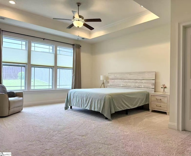 920 Hunterdale Ln, Boiling Springs, SC 29316 - bedroom with carpet flooring, ornamental molding, a raised ceiling, baseboards, and ceiling fan
