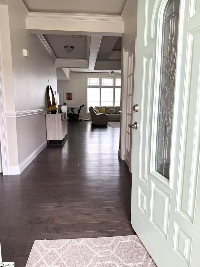 920 Hunterdale Ln, Boiling Springs, SC 29316 - hallway with coffered ceiling, baseboards, dark wood-style flooring, ornamental molding, and beam ceiling