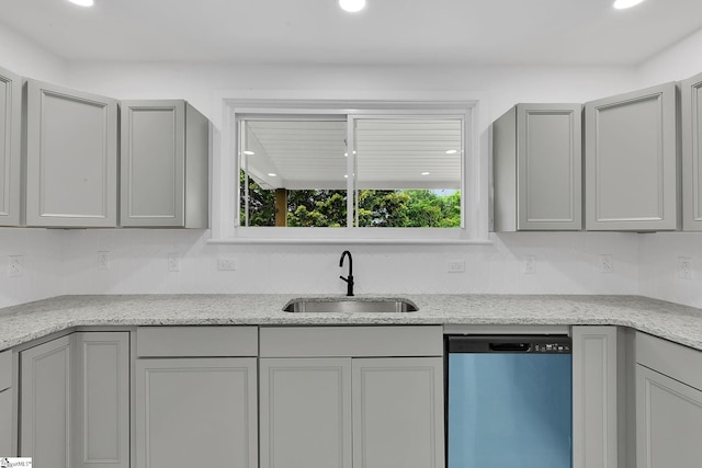 3902 Old Buncombe Rd, Greenville, SC 29617 - kitchen with dishwasher, a sink, gray cabinetry, tasteful backsplash, and recessed lighting