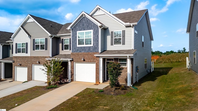view of front of property featuring brick siding, a garage, a front lawn, driveway, and roof with shingles
