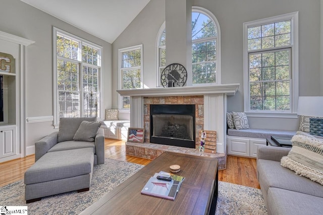 living room with a tiled fireplace, high vaulted ceiling, and wood finished floors