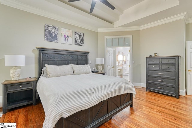 bedroom featuring light wood-style flooring, baseboards, crown molding, and ceiling fan