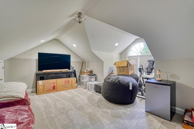 bedroom featuring vaulted ceiling, carpet, baseboards, and recessed lighting