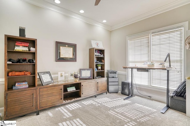 office area with light carpet, crown molding, healthy amount of natural light, recessed lighting, and a ceiling fan