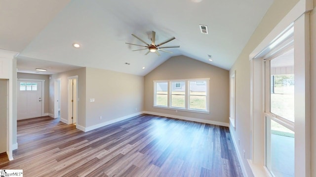 1306 Fairview Rd, Gaffney, SC 29341 - unfurnished living room featuring wood finished floors, ceiling fan, lofted ceiling, baseboards, and recessed lighting