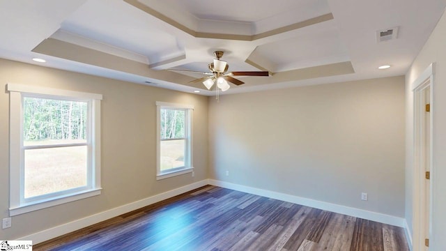 1306 Fairview Rd, Gaffney, SC 29341 - spare room with a ceiling fan, dark wood-style floors, baseboards, recessed lighting, and coffered ceiling