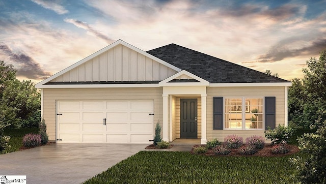 view of front facade with board and batten siding, driveway, a garage, a shingled roof, and a front lawn
